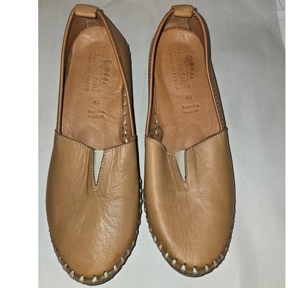 Spring Step Tispea Tan Leather Whipstitch Slip On Loafers Womens 41
